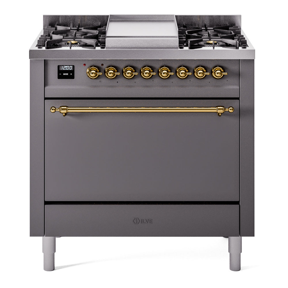 ILVE Nostalgie II 36-Inch Natural Gas Dual Fuel Range, 6 Burners, Solid Door Oven, Matte Graphite with Brass Trim (UP36FQNMPMGG)