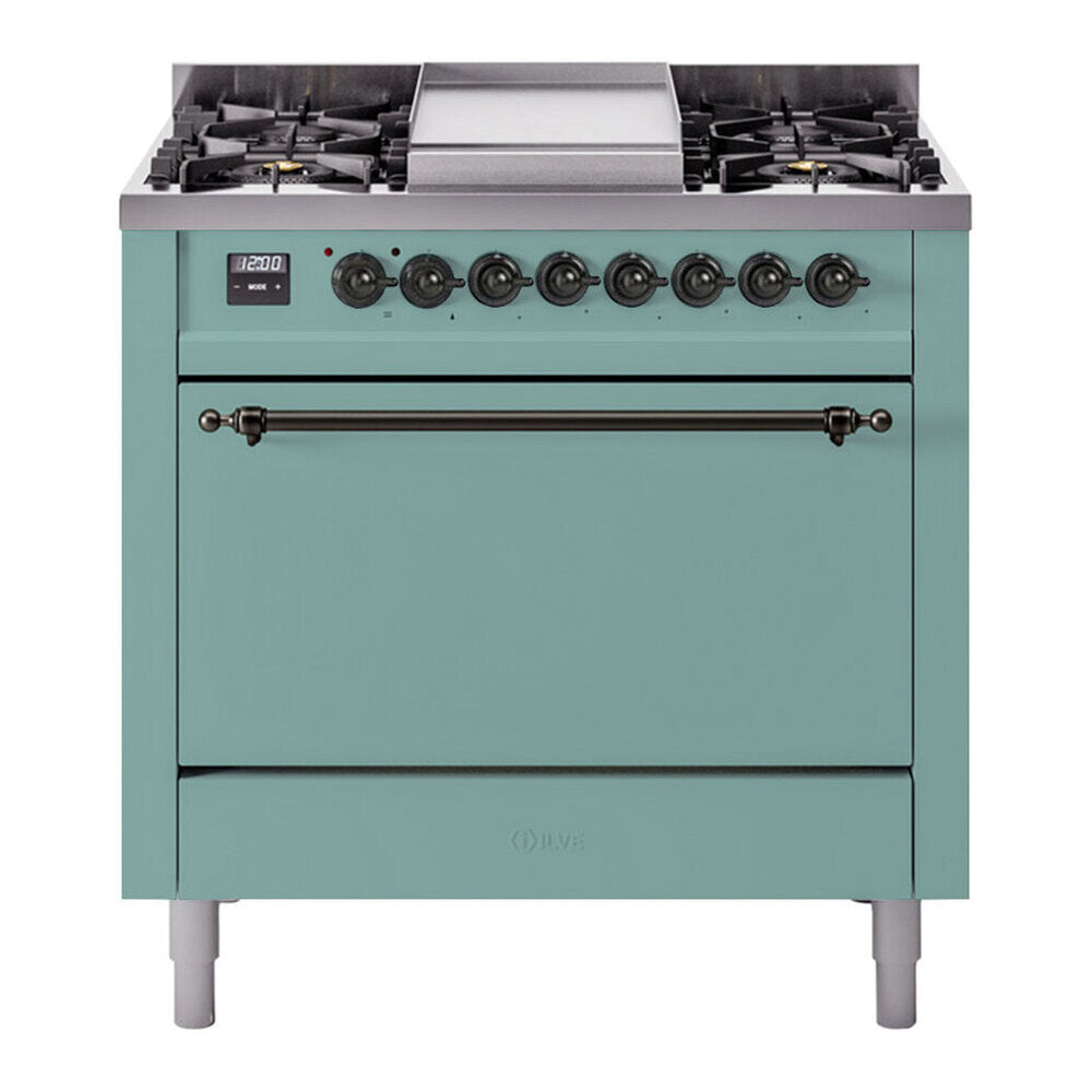 ILVE Nostalgie II 36-Inch Natural Gas Dual Fuel Range, 6 Burners, Solid Door Oven, Mediterranean Mint with Burnished Bronze Trim (UP36FQNMPMMB)