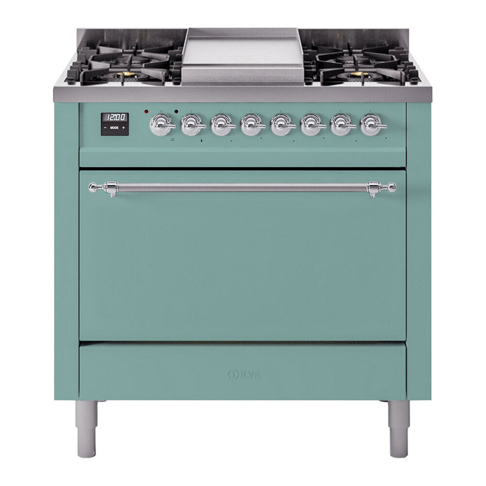 ILVE Nostalgie II 36-Inch Natural Gas Dual Fuel Range, 6 Burners, Solid Door Oven, Mediterranean Mint with Chrome Trim (UP36FQNMPMMC)