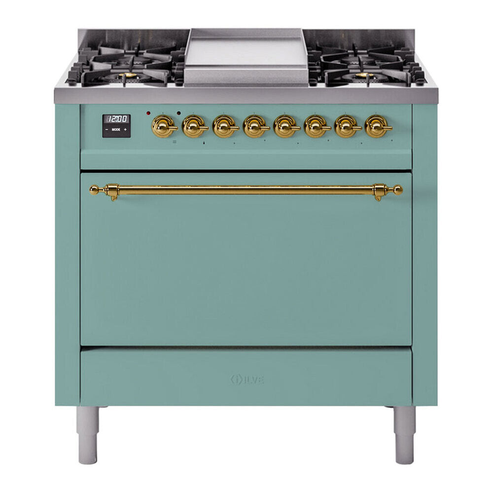 ILVE Nostalgie II 36-Inch Propane Dual Fuel Range, 6 Burners, Solid Door Oven, Mediterranean Mint with Brass Trim (UP36FQNMPMMGLP)