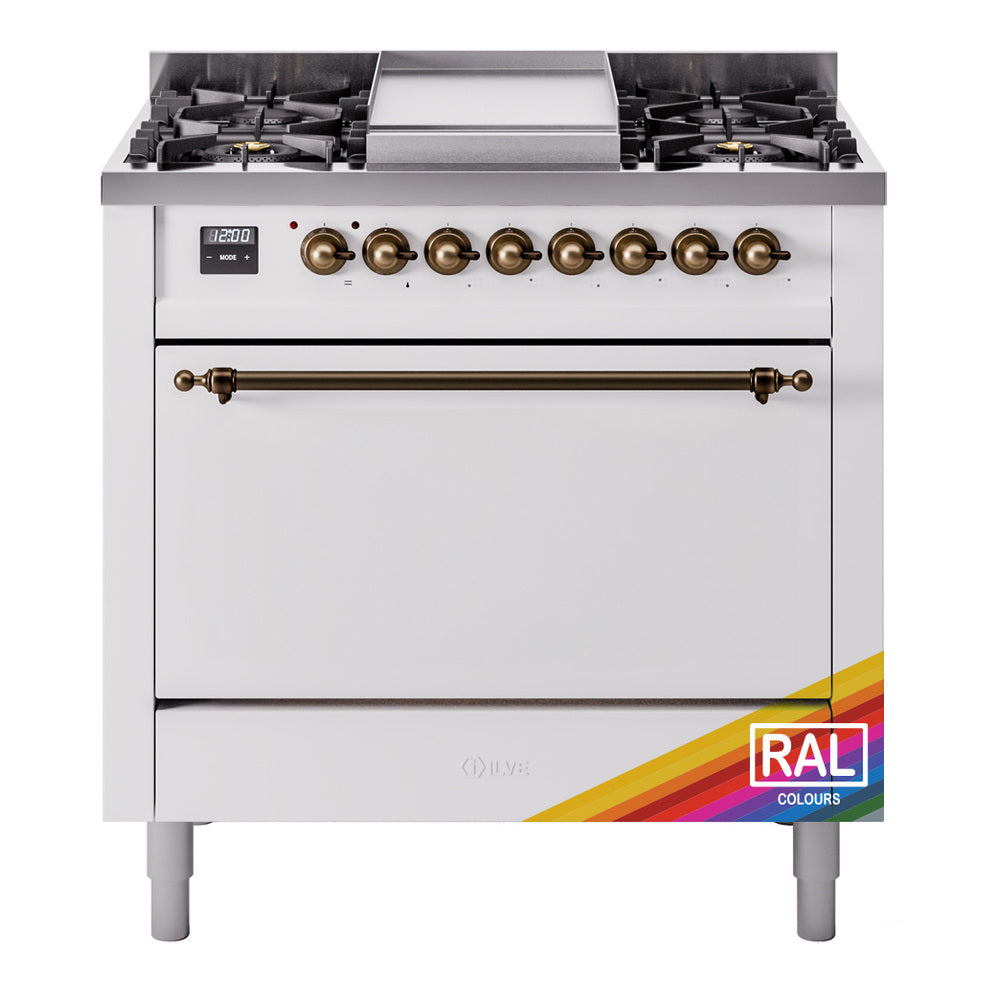 ILVE Nostalgie II 36-Inch Natural Gas Dual Fuel Range, 6 Burners, Solid Door Oven, Custom RAL with Burnished Bronze Trim (UP36FQNMPRAB)
