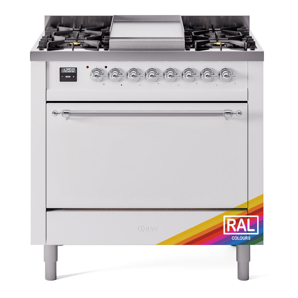 ILVE Nostalgie II 36-Inch Natural Gas Dual Fuel Range, 6 Burners, Solid Door Oven, Custom RAL with Chrome Trim (UP36FQNMPRAC)