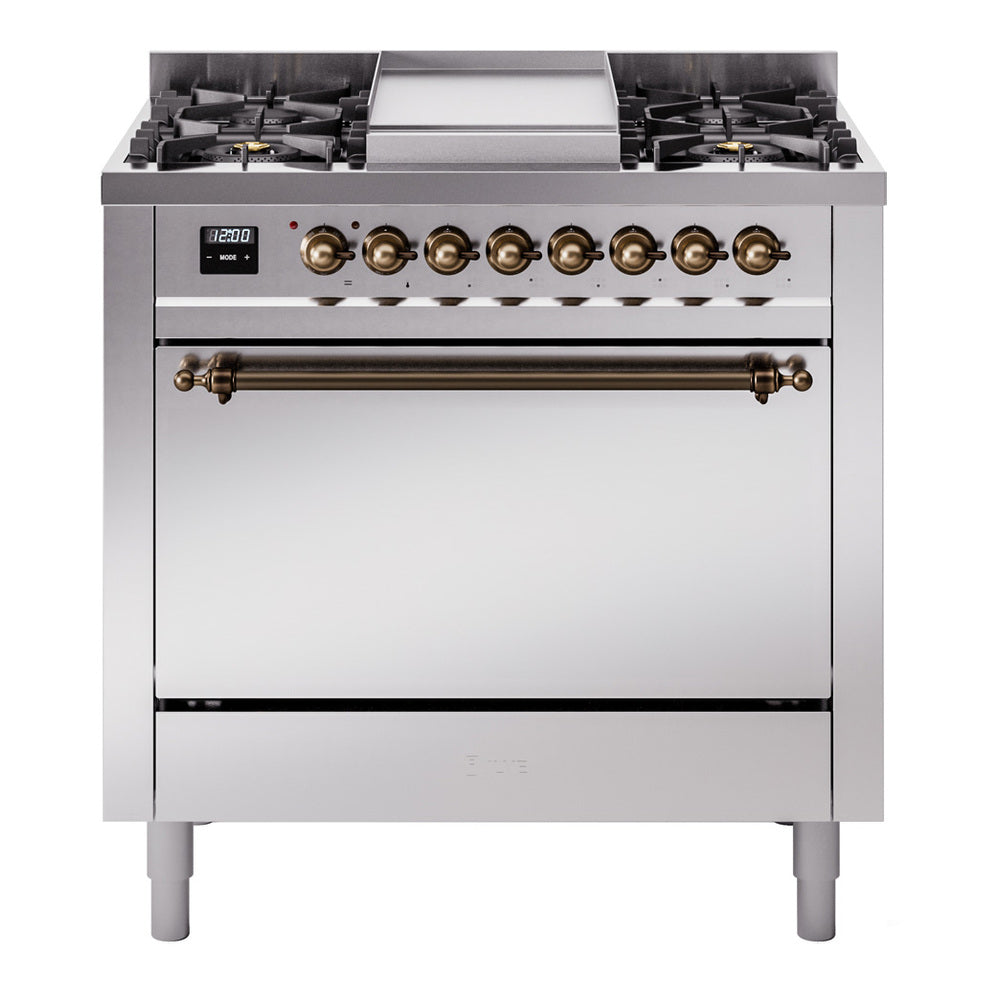 ILVE Nostalgie II 36-Inch Propane Dual Fuel Range, 6 Burners, Solid Door Oven, Stainless Steel with Burnished Bronze Trim (UP36FQNMPSSBLP)