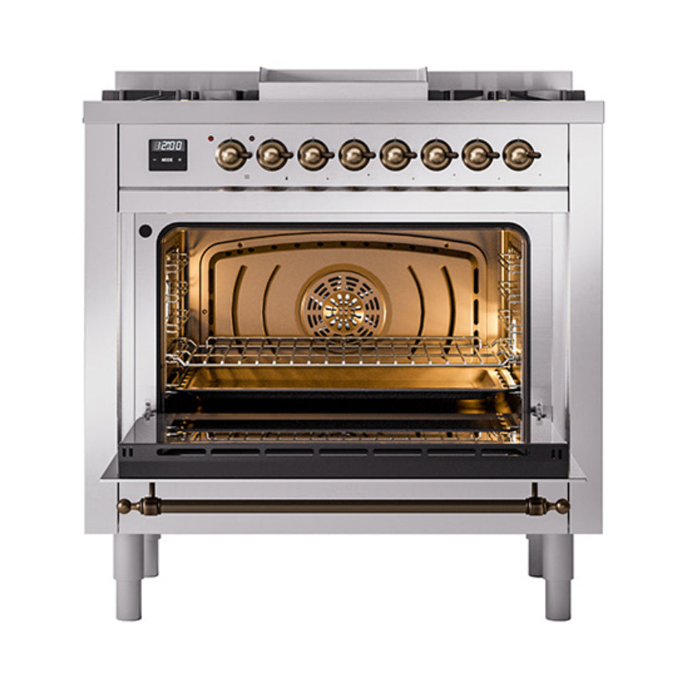 ILVE Nostalgie II 36-Inch Natural Gas Dual Fuel Range, 6 Burners, Solid Door Oven, Stainless Steel with Burnished Bronze Trim (UP36FQNMPSSB)