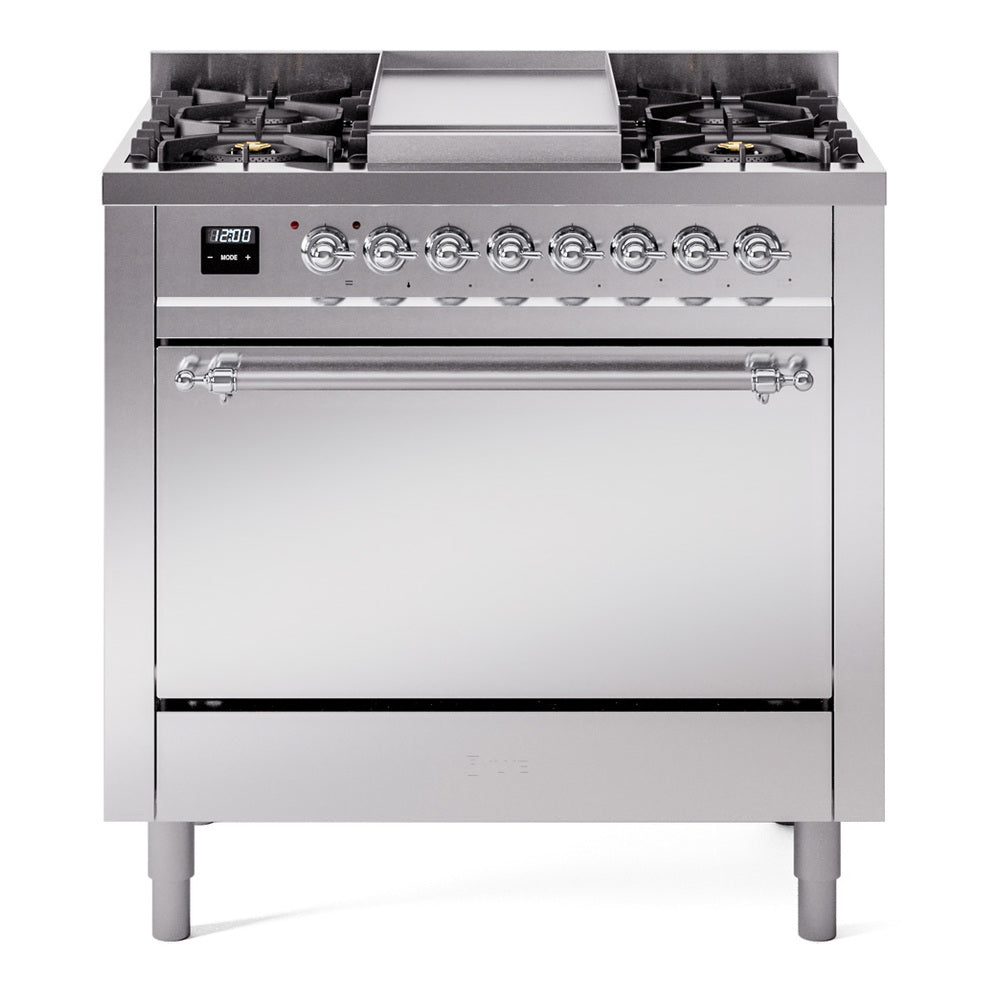 ILVE Nostalgie II 36-Inch Natural Gas Dual Fuel Range, 6 Burners, Solid Door Oven, Stainless Steel with Chrome Trim (UP36FQNMPSSC)