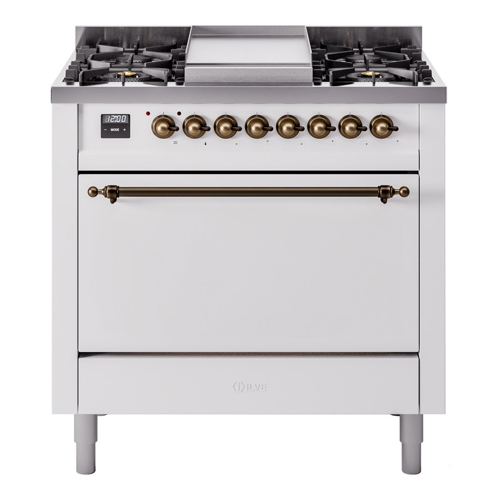 ILVE Nostalgie II 36-Inch Propane Dual Fuel Range, 6 Burners, Solid Door Oven, White with Burnished Bronze Trim (UP36FQNMPWHBLP)