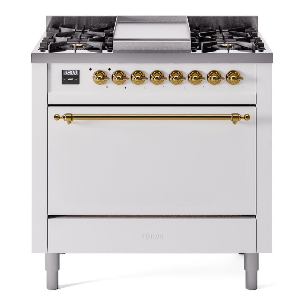 ILVE Nostalgie II 36-Inch Natural Gas Dual Fuel Range, 6 Burners, Solid Door Oven, White with Brass Trim (UP36FQNMPWHG)