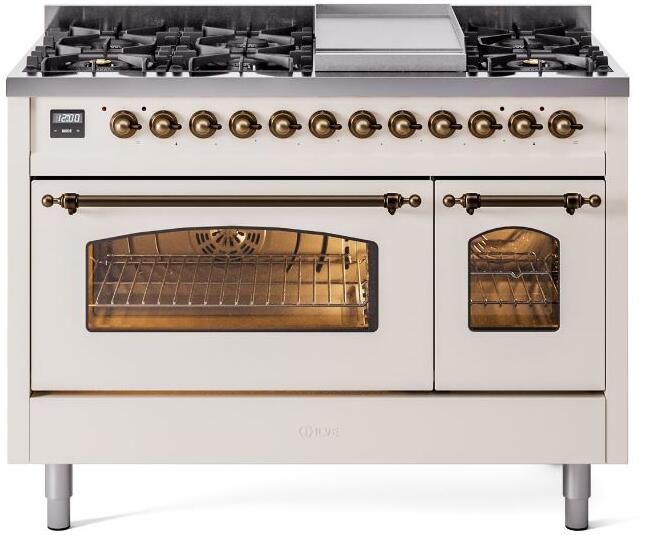 ILVE Nostalgie II 48-Inch Dual Fuel Freestanding Range in Antique White with Burnished Bronze Trim (UP48FNMPAWBLP)