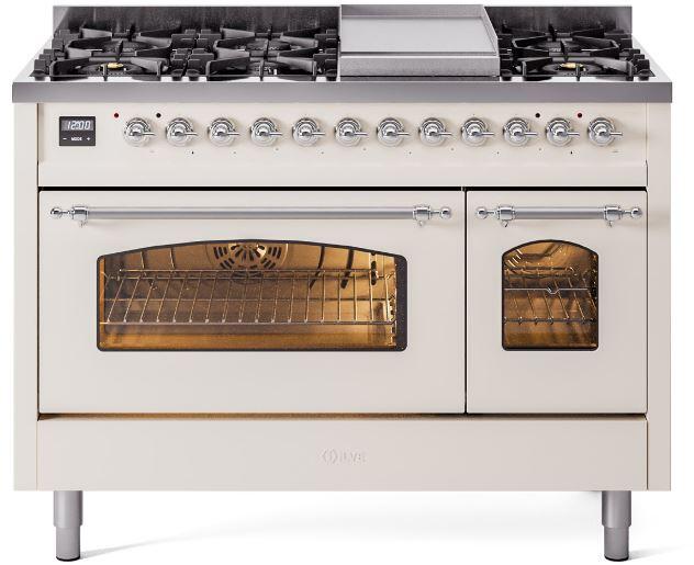 ILVE Nostalgie II 48-Inch Freestanding Natural Gas Dual Fuel Range in Antique White with Chrome Trim (UP48FNMPAWC)