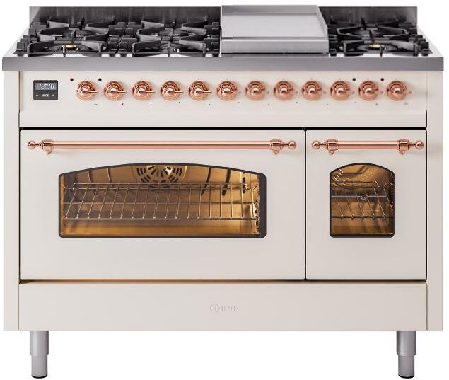 ILVE Nostalgie II 48-Inch Freestanding Natural Gas Dual Fuel Range in Antique White with Copper Trim (UP48FNMPAWP)