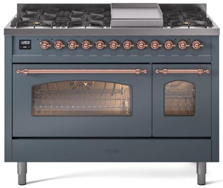 ILVE Nostalgie II 48-Inch Dual Fuel Freestanding Range in Blue Grey with Copper Trim (UP48FNMPBGPLP)