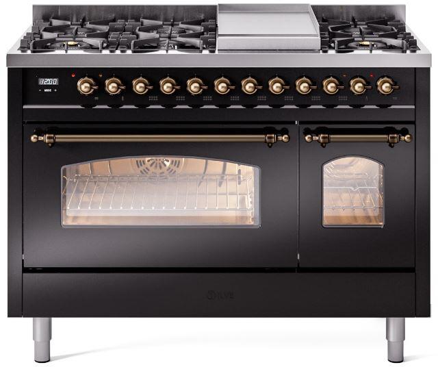 ILVE Nostalgie II 48-Inch Dual Fuel Freestanding Range in Glossy Black with Burnished Bronze Trim (UP48FNMPBKBLP)