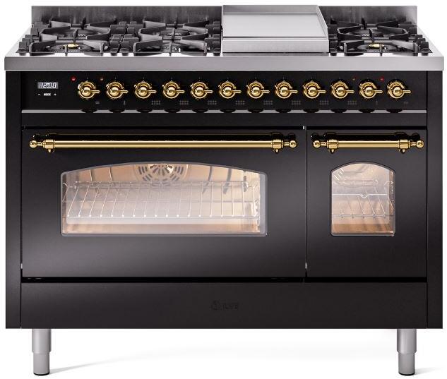 ILVE Nostalgie II 48-Inch Freestanding Natural Gas Dual Fuel Range in Glossy Black with Brass Trim (UP48FNMPBKG)