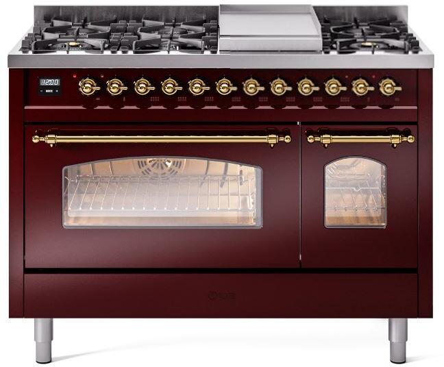 ILVE Nostalgie II 48-Inch Dual Fuel Freestanding Range in Burgundy with Brass Trim (UP48FNMPBUGLP)