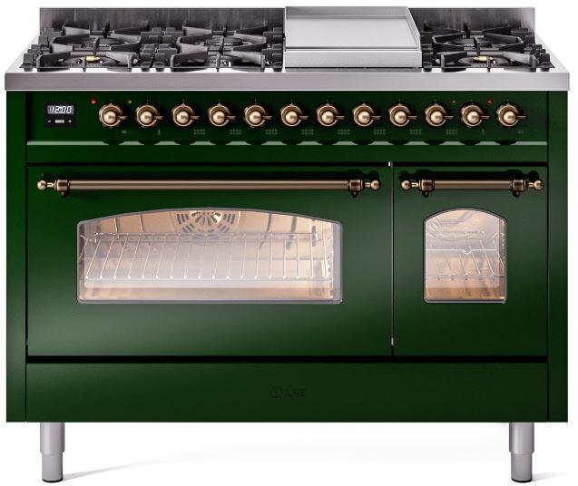 ILVE Nostalgie II 48-Inch Dual Fuel Freestanding Range in Emerald Green with Burnished Bronze Trim (UP48FNMPEGBLP)