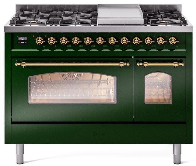 ILVE Nostalgie II 48-Inch Freestanding Natural Gas Dual Fuel Range, Emerald Green with Brass Trim (UP48FNMPEGG)