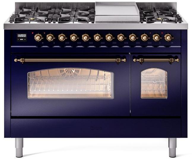 ILVE Nostalgie II 48-Inch Freestanding Natural Gas Dual Fuel Range in Midnight Blue with Burnished Bronze Trim (UP48FNMPMBB)