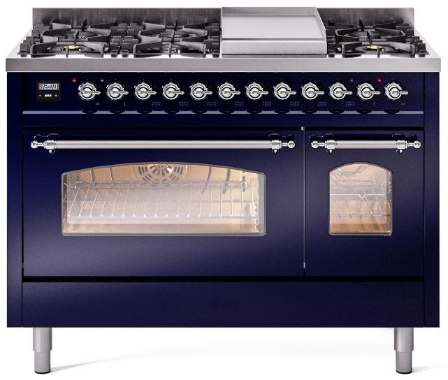 ILVE Nostalgie II 48-Inch Dual Fuel Freestanding Range in Midnight Blue with Chrome Trim (UP48FNMPMBCLP)