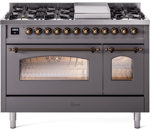 ILVE Nostalgie II 48-Inch Dual Fuel Freestanding Range in Matte Graphite with Burnished Bronze Trim (UP48FNMPMGBLP)