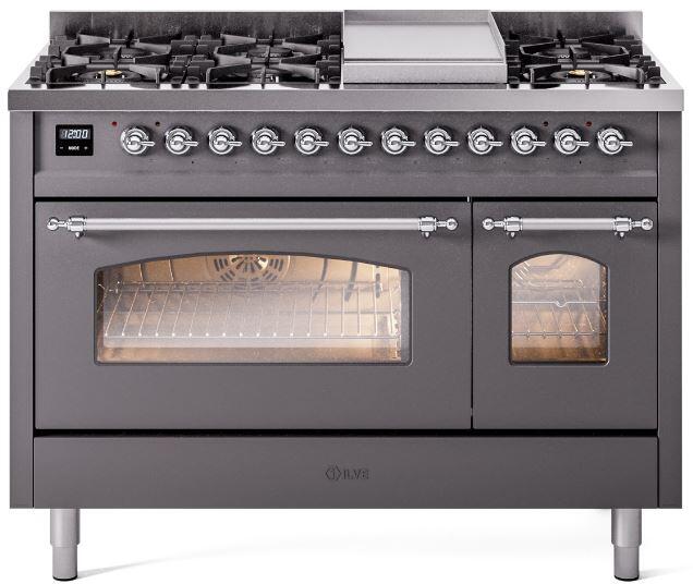 ILVE Nostalgie II 48-Inch Dual Fuel Freestanding Range in Matte Graphite with Chrome Trim (UP48FNMPMGCLP)