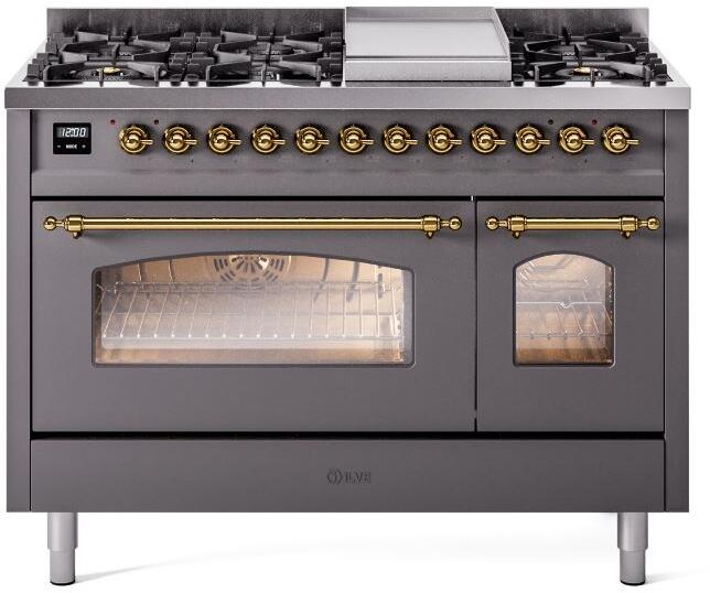 ILVE Nostalgie II 48-Inch Dual Fuel Freestanding Range in Matte Graphite with Brass Trim (UP48FNMPMGGLP)