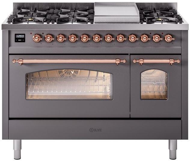 ILVE Nostalgie II 48-Inch Dual Fuel Freestanding Range in Matte Graphite with Copper Trim (UP48FNMPMGPLP)
