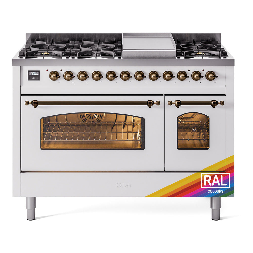 ILVE Nostalgie II 48-Inch Freestanding Natural Gas Dual Fuel Range, Custom RAL with Burnished Bronze Trim (UP48FNMPRAB)