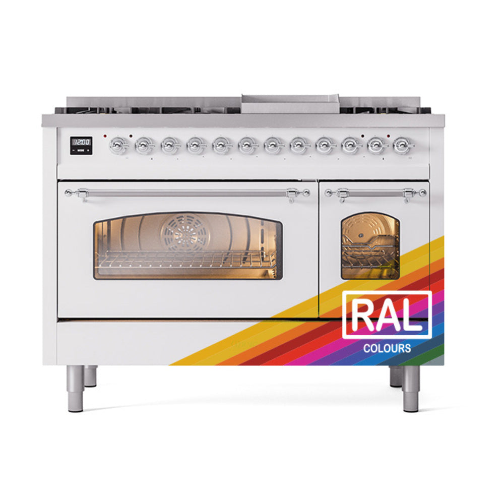 ILVE Nostalgie II 48-Inch Freestanding Natural Gas Dual Fuel Range in Custom RAL with Chrome Trim (UP48FNMPRAC)