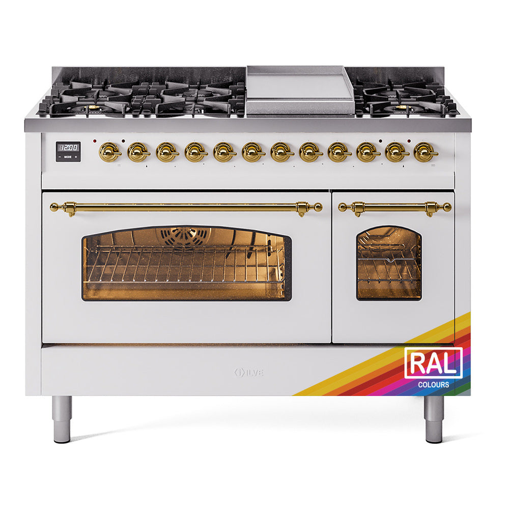 ILVE Nostalgie II 48-Inch Dual Fuel Freestanding Range in Custom RAL with Brass Trim (UP48FNMPRAGLP)