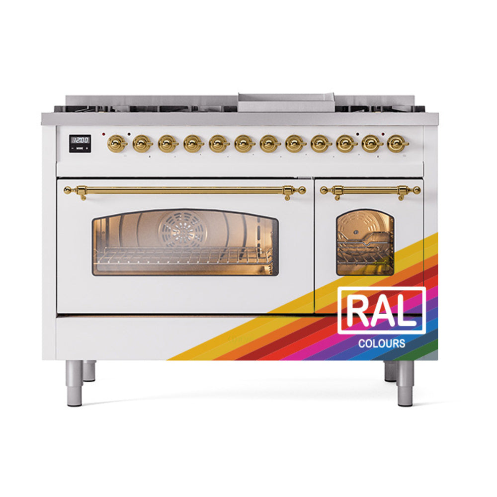 ILVE Nostalgie II 48-Inch Dual Fuel Freestanding Range in Custom RAL with Brass Trim (UP48FNMPRAGLP)
