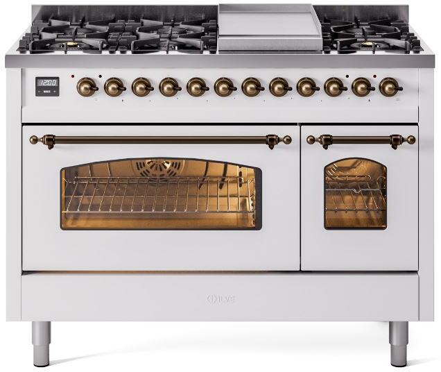 ILVE Nostalgie II 48-Inch Dual Fuel Freestanding Range in White with Burnished Bronze Trim (UP48FNMPWHBLP)