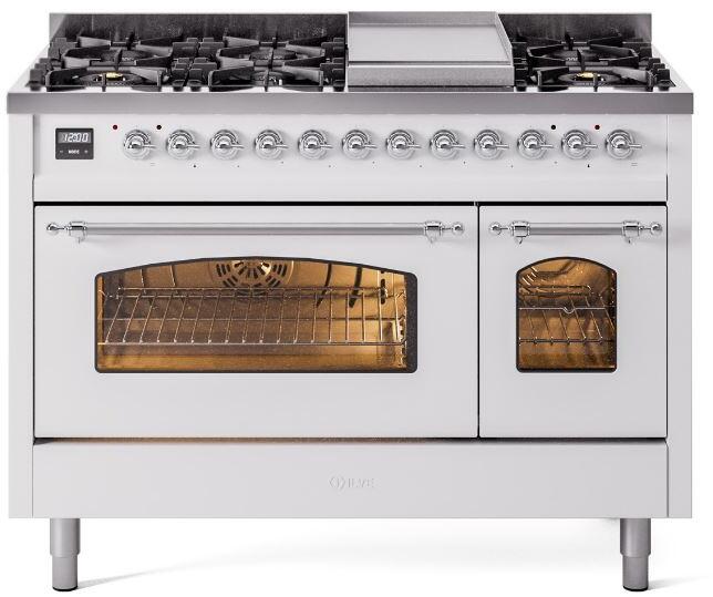 ILVE Nostalgie II 48-Inch Freestanding Natural Gas Dual Fuel Range, White with Chrome Trim (UP48FNMPWHC)