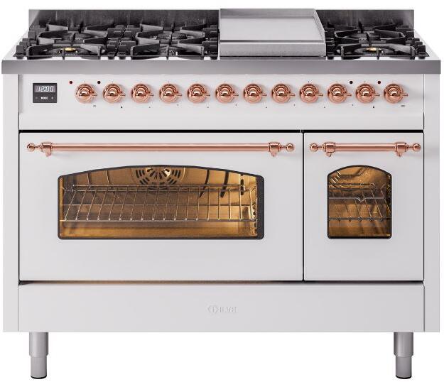 ILVE Nostalgie II 48-Inch Dual Fuel Freestanding Range in White with Copper Trim (UP48FNMPWHPLP)
