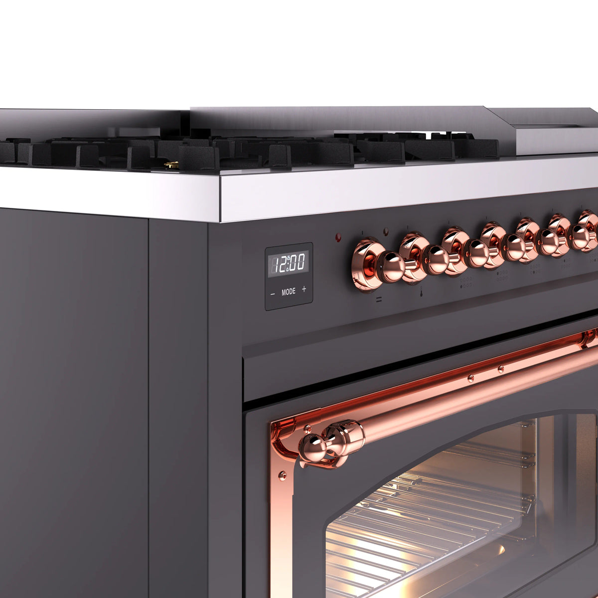 ILVE Nostalgie II Noblesse 48-Inch Dual Fuel Freestanding Range in Matte Graphite with Copper Trim (UN48FNMPMGPLP)