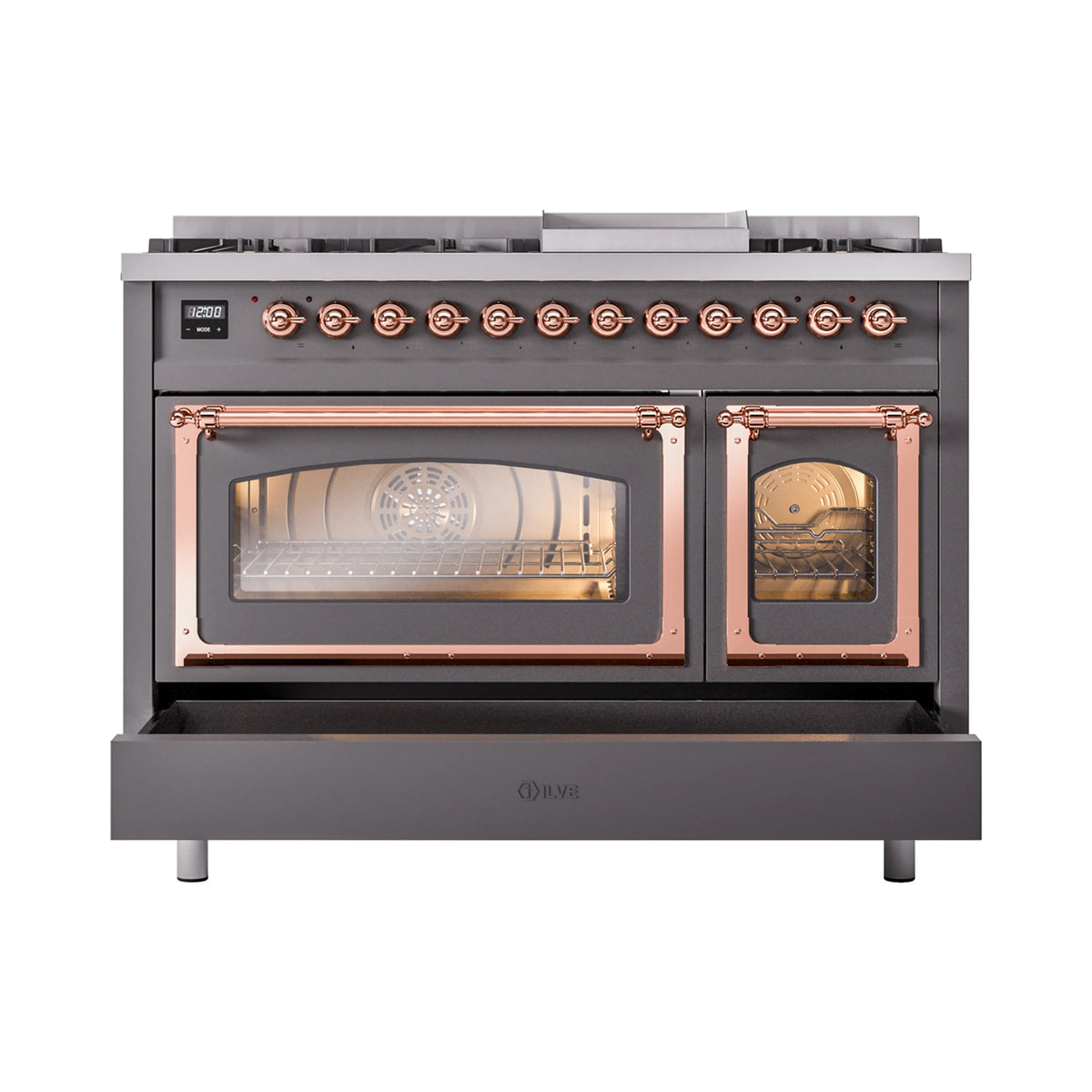 ILVE Nostalgie II Noblesse 48-Inch Dual Fuel Freestanding Range in Matte Graphite with Copper Trim (UN48FNMPMGPLP)