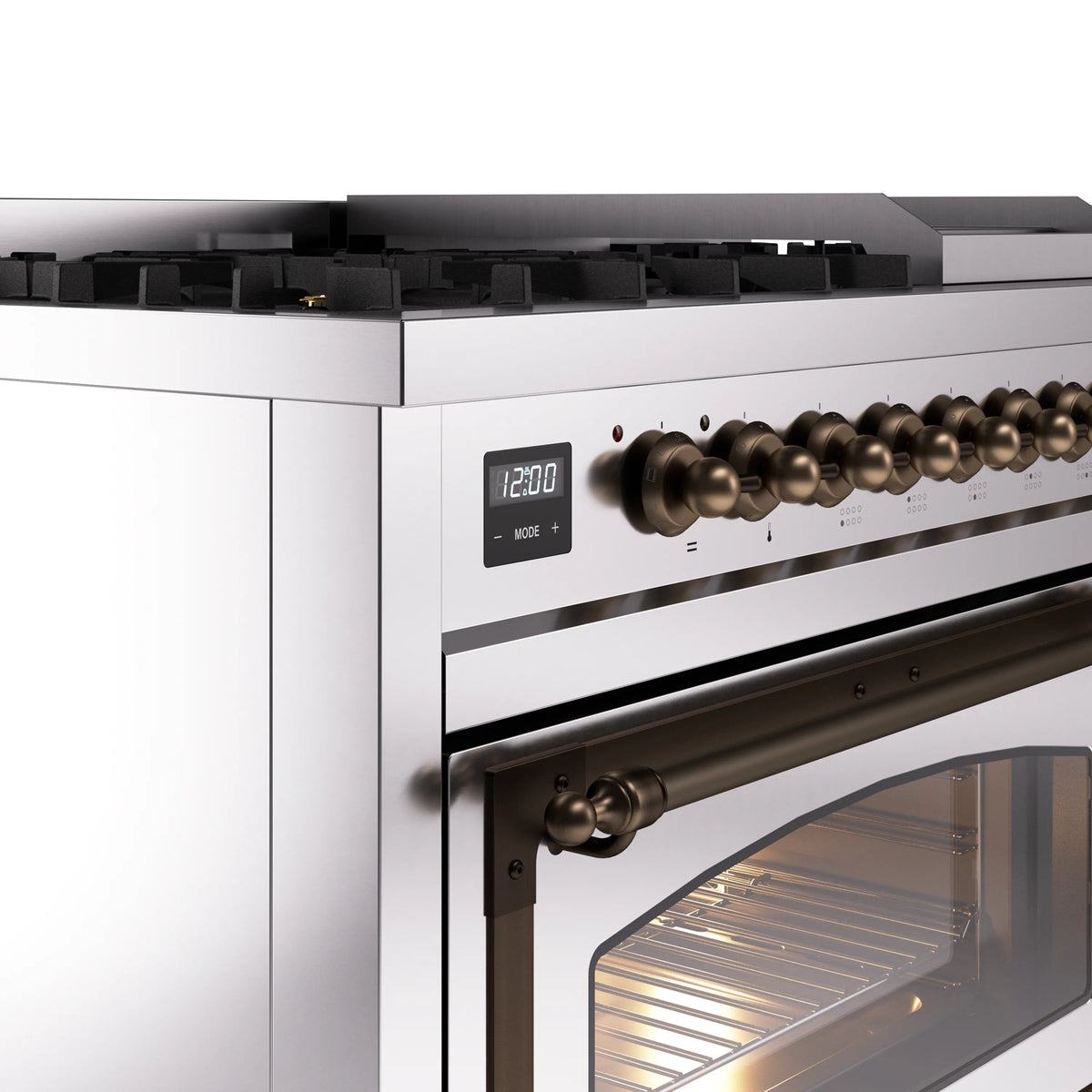 ILVE Nostalgie II Noblesse 48-Inch Freestanding Natural Gas Dual Fuel Range in Stainless Steel with Burnished Bronze Trim (UN48FNMPSSB)