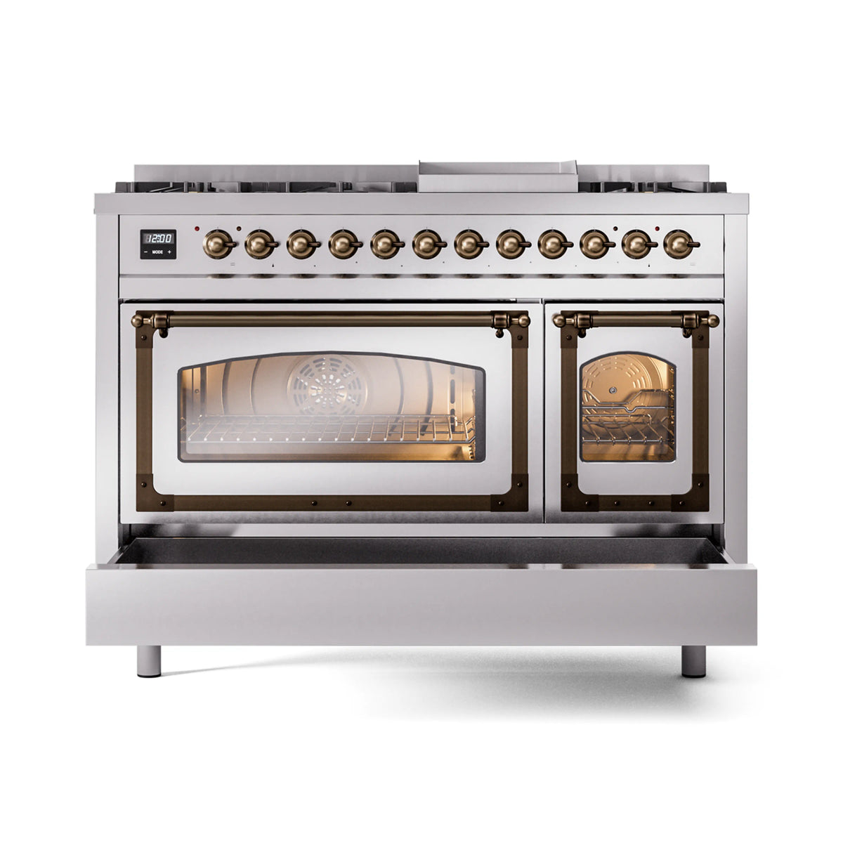 ILVE Nostalgie II Noblesse 48-Inch Dual Fuel Freestanding Range in Stainless Steel with Burnished Bronze Trim (UN48FNMPSSBLP)
