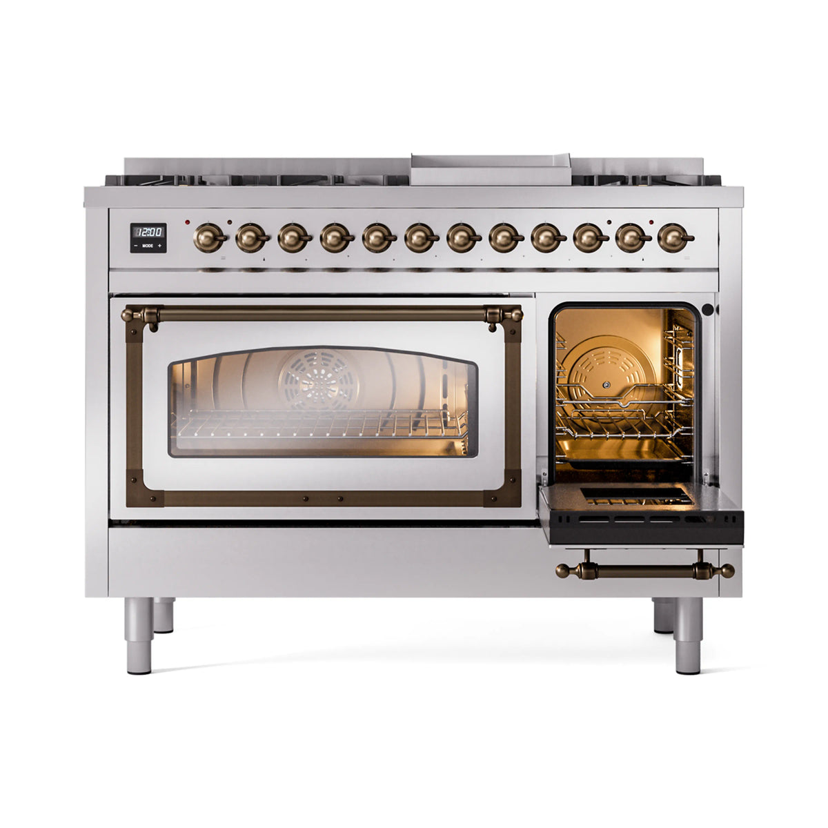 ILVE Nostalgie II Noblesse 48-Inch Dual Fuel Freestanding Range in Stainless Steel with Burnished Bronze Trim (UN48FNMPSSBLP)