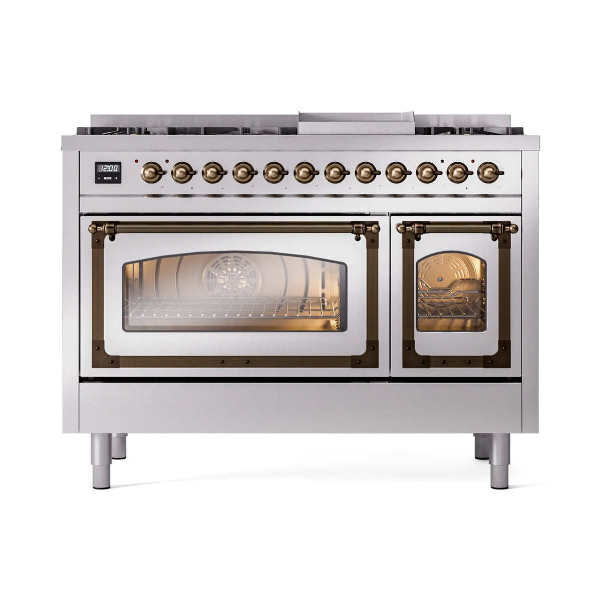 ILVE Nostalgie II Noblesse 48-Inch Freestanding Natural Gas Dual Fuel Range in Stainless Steel with Burnished Bronze Trim (UN48FNMPSSB)