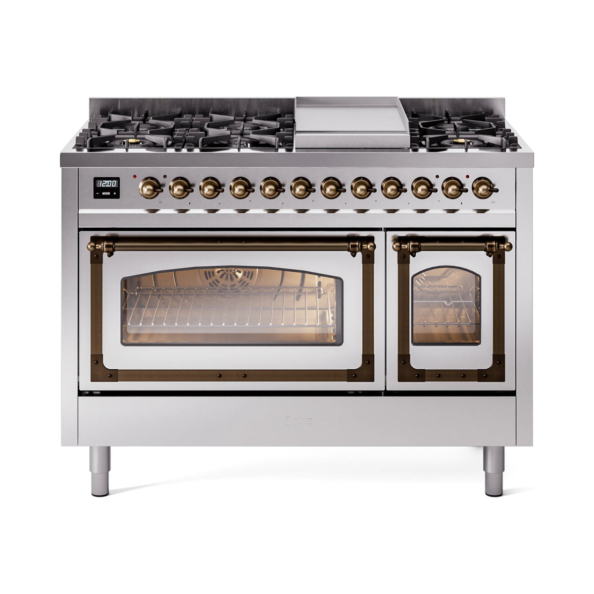 ILVE Nostalgie II Noblesse 48-Inch Freestanding Natural Gas Dual Fuel Range in Stainless Steel with Burnished Bronze Trim (UN48FNMPSSB)
