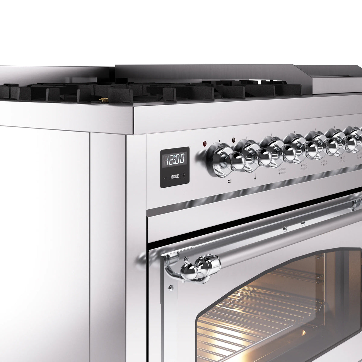 ILVE Nostalgie II Noblesse 48-Inch Dual Fuel Freestanding Range in Stainless Steel with Chrome Trim (UN48FNMPSSCLP)