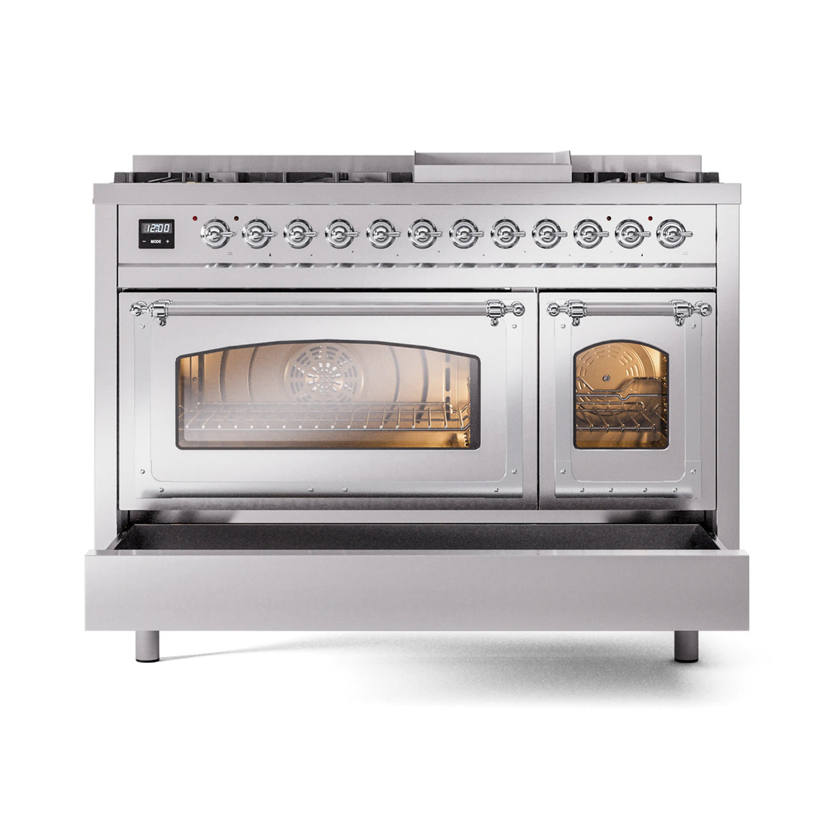 ILVE Nostalgie II Noblesse 48-Inch Dual Fuel Freestanding Range in Stainless Steel with Chrome Trim (UN48FNMPSSCLP)