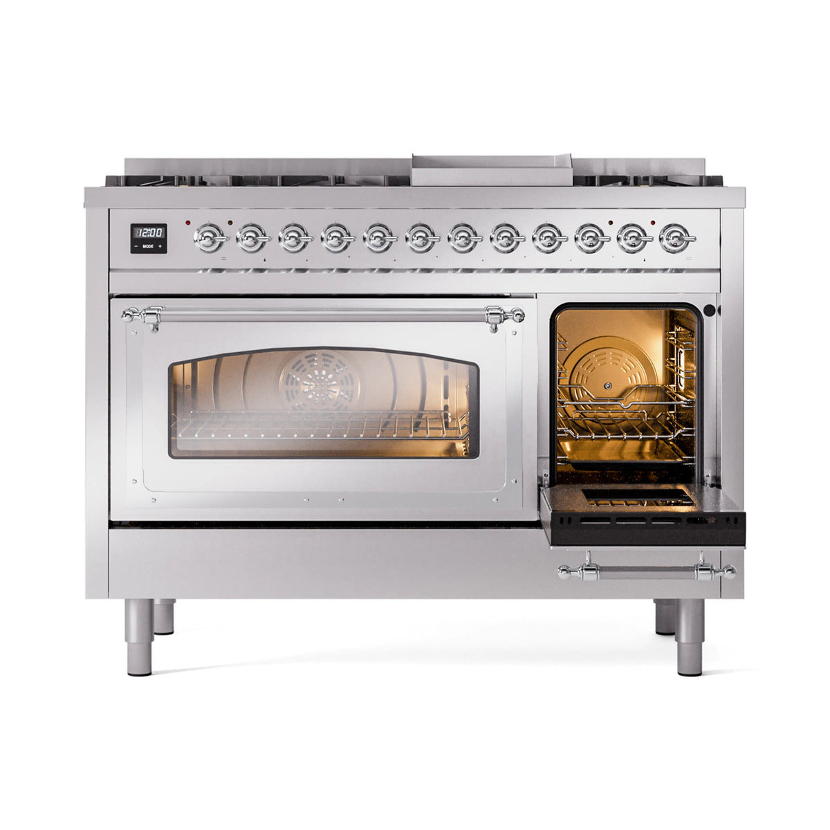 ILVE Nostalgie II Noblesse 48-Inch Dual Fuel Freestanding Range in Stainless Steel with Chrome Trim (UN48FNMPSSCLP)