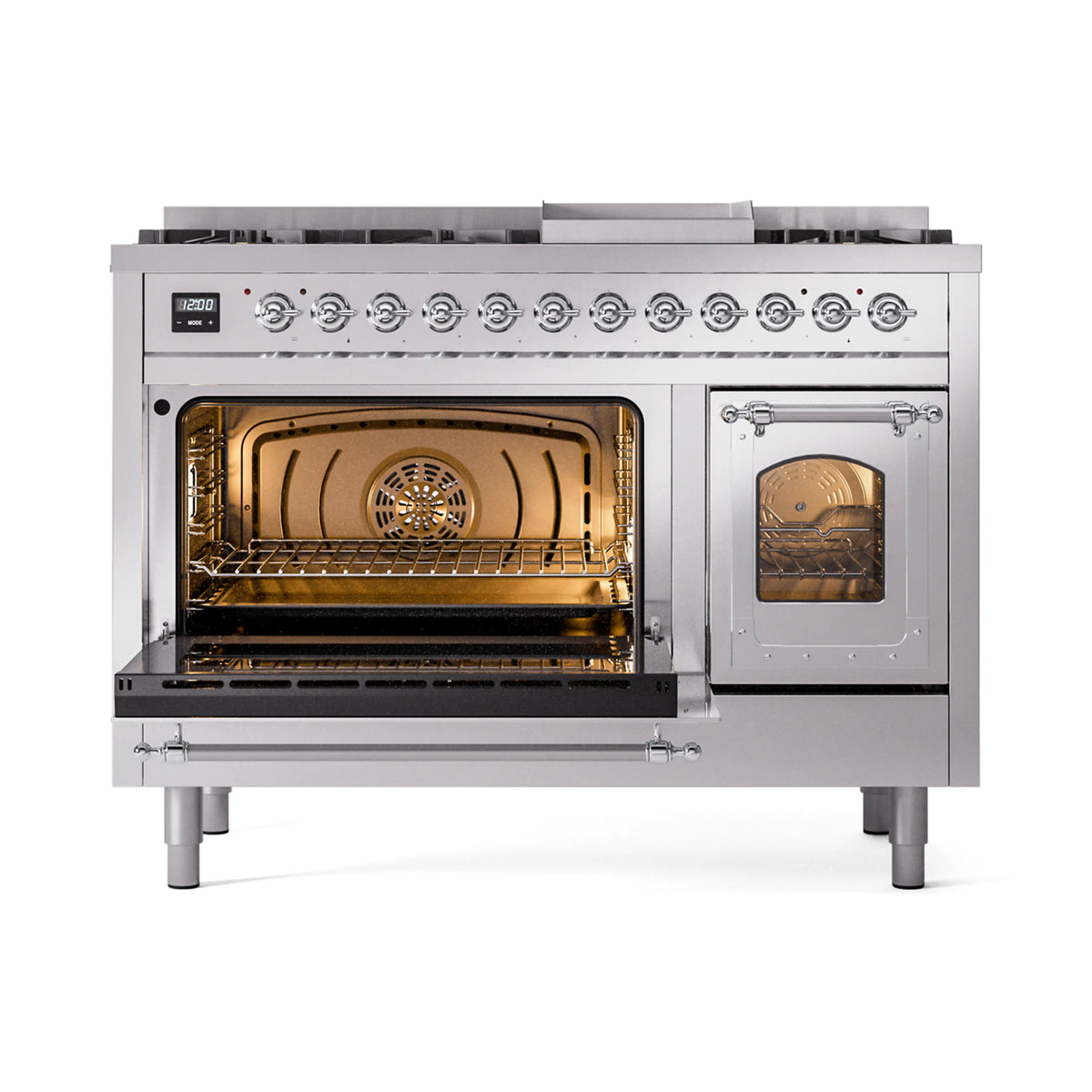 ILVE Nostalgie II Noblesse 48-Inch Dual Fuel Freestanding Range in Stainless Steel with Chrome Trim (UN48FNMPSSCLP)