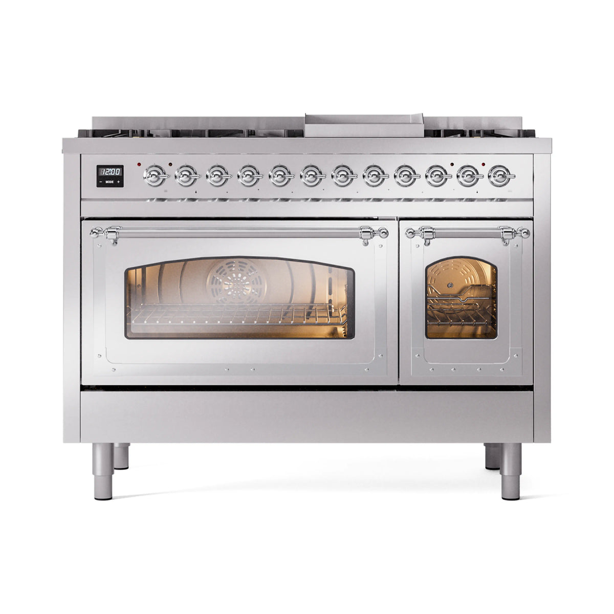 ILVE Nostalgie II Noblesse 48-Inch Dual Fuel Freestanding Range in Stainless Steel with Chrome Trim (UN48FNMPSSCLP)
