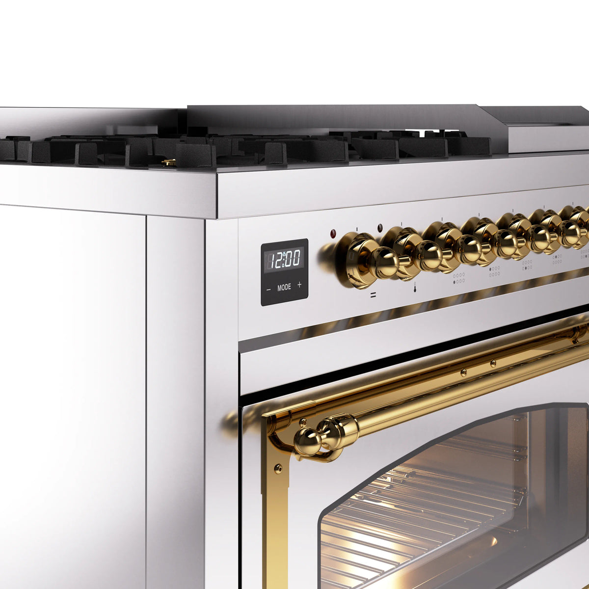 ILVE Nostalgie II Noblesse 48-Inch Dual Fuel Freestanding Range in Stainless Steel with Brass Trim (UN48FNMPSSGLP)