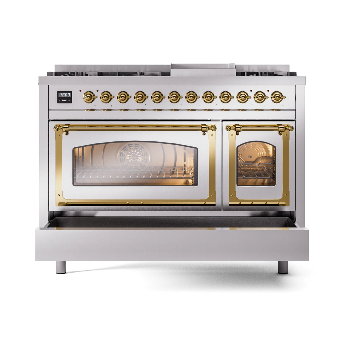 ILVE Nostalgie II Noblesse 48-Inch Dual Fuel Freestanding Range in Stainless Steel with Brass Trim (UN48FNMPSSGLP)