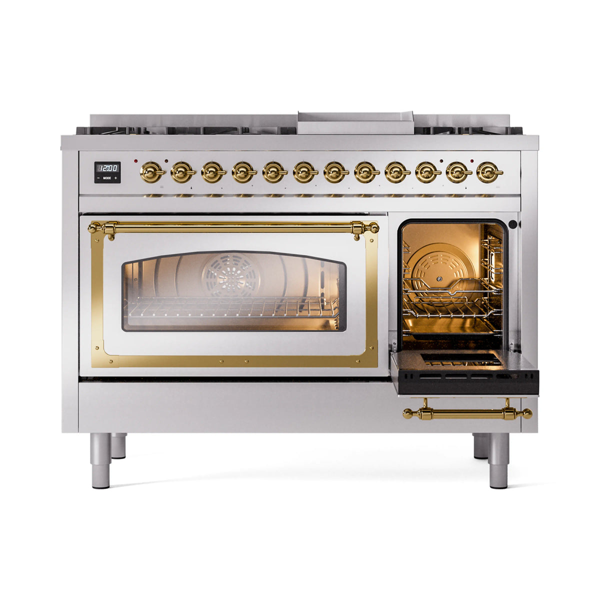 ILVE Nostalgie II Noblesse 48-Inch Dual Fuel Freestanding Range in Stainless Steel with Brass Trim (UN48FNMPSSGLP)