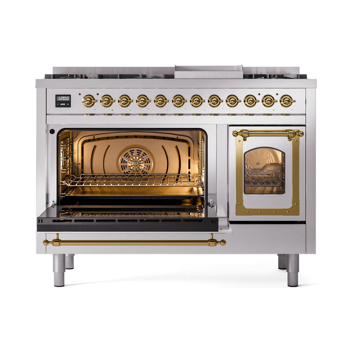 ILVE Nostalgie II Noblesse 48-Inch Dual Fuel Freestanding Range in Stainless Steel with Brass Trim (UN48FNMPSSGLP)