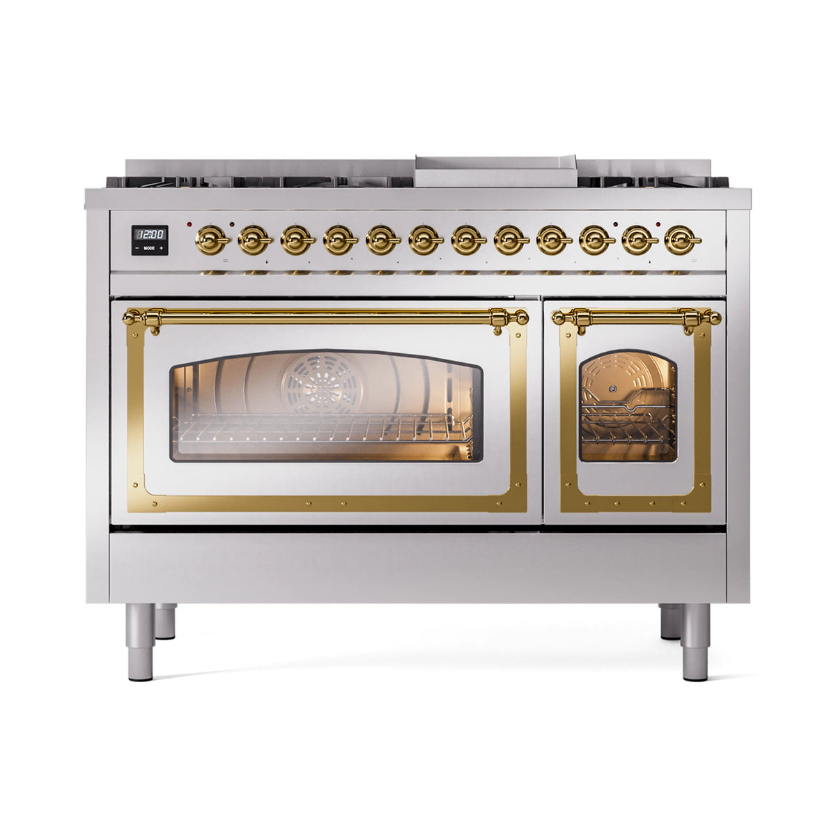 ILVE Nostalgie II Noblesse 48-Inch Dual Fuel Freestanding Range in Stainless Steel with Brass Trim (UN48FNMPSSGLP)